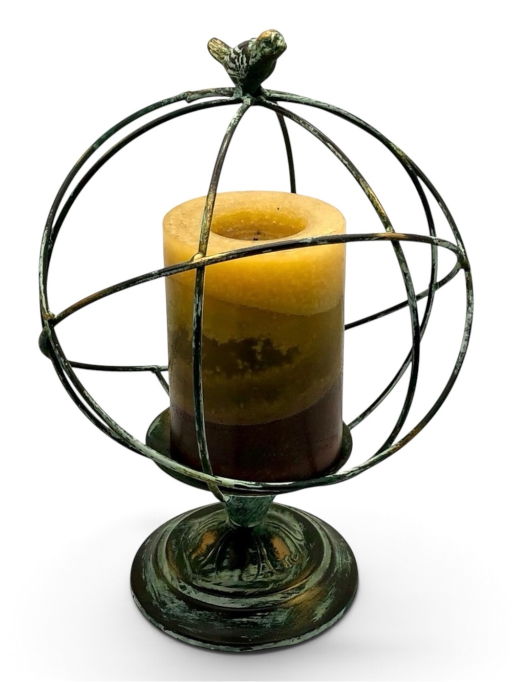 Vintage Metal Candle Holder Bird Finial Abstract Armillary Antiqued Centerpiece